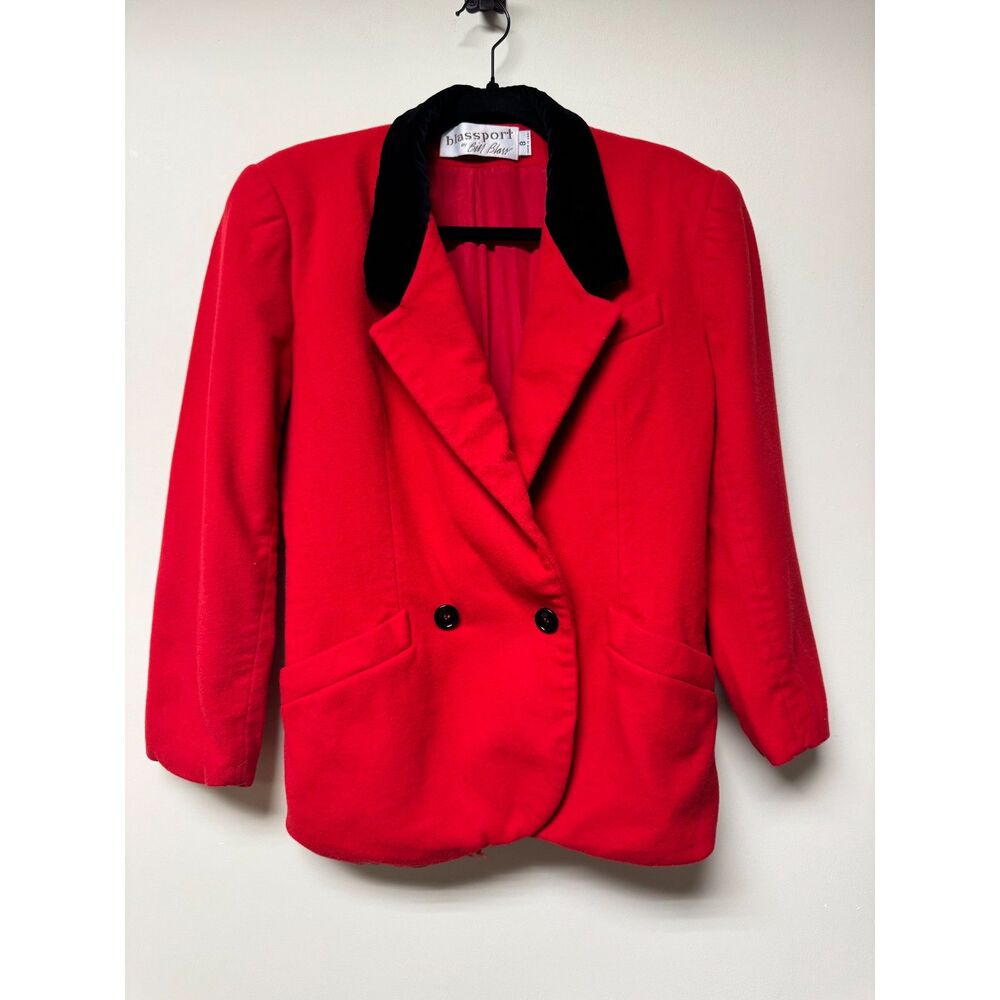VINTAGE - BLASSPORT BILL BLASS Wool/Cashmere Red Blazer Blk Velvet Collar, Sz 8